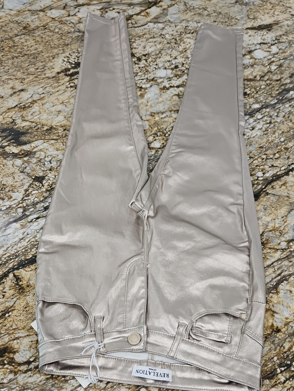 Revelation Women's Metallic Taupe Skinny Pants. Size 8 Inseam 26" Rise Flat 8.5"